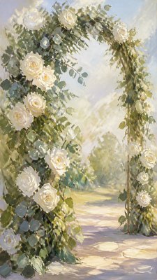 an arch of white roses and eucalyptus in soft morning light, elegant vertical composition with open space, no text
