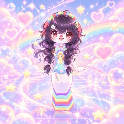 a girl with long hair and a rainbow dress