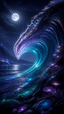 an ocean wave curling under moonlight, no people