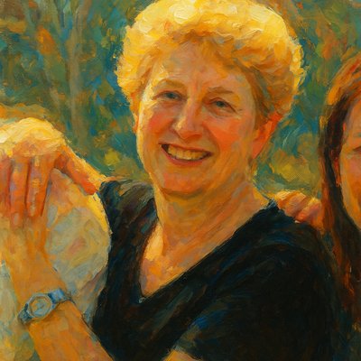 a painting of two women smiling for the camera