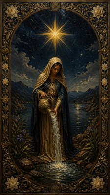 a robed figure pouring water beneath a large eight-pointed star in a night sky, symmetrical composition with an ornate decorative border, no text