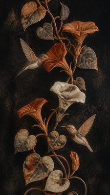 a climbing vine of flowers and hummingbirds on a dark background, tall wrapping composition, no text