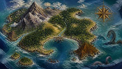 a map of an island realm with mountains, forests, a sheltered bay, sea monsters in the water and a compass rose, no text labels