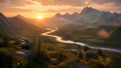 a vast valley with a river winding toward distant mountains at sunrise, no people, no text