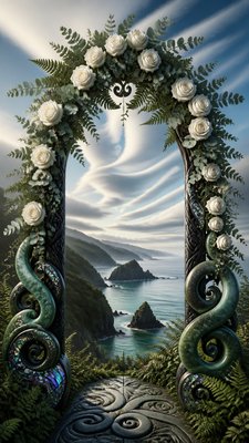 an arch of white roses and eucalyptus in soft morning light, elegant vertical composition with open space, no text