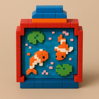 A koi pond seen from above, orange and white koi fish swimming among lily pads, clear water with subtle ripples, fallen cherry blossom petals floating on the surface, dappled sunlight