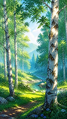a serene birch forest in soft morning light, no people, no text