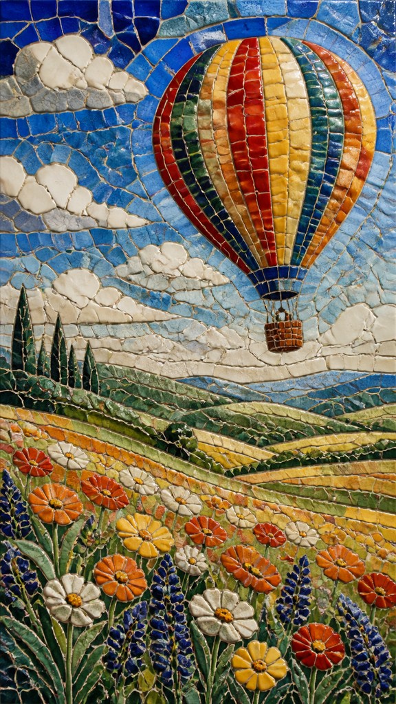 a hot air balloon drifting over rolling flower fields on a sunny day, cheerful, no text