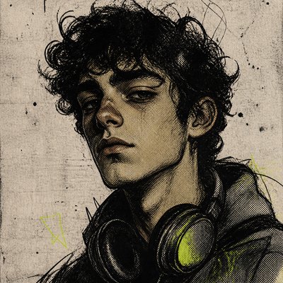 head-and-shoulders portrait of an original character: a young man with curly dark hair and headphones around his neck, plain backdrop, no text