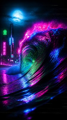 an ocean wave curling under moonlight, no people
