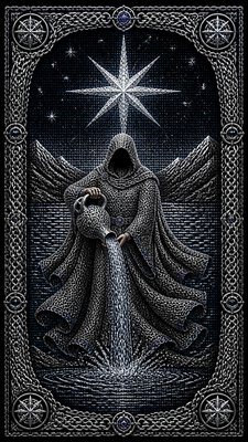 a robed figure pouring water beneath a large eight-pointed star in a night sky, symmetrical composition with an ornate decorative border, no text