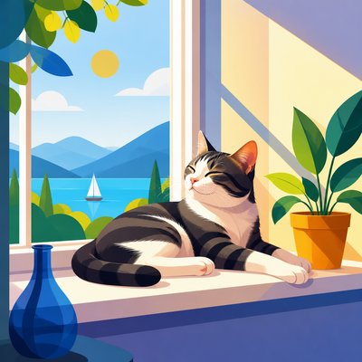 a cat lounging in a sunlit window
