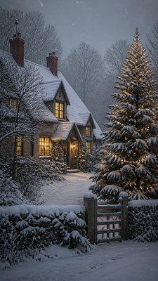 a snow-covered cottage with warm glowing windows beside a decorated pine tree, gentle snowfall, no text