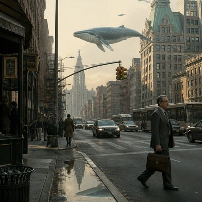 urban street with city activity — Magical Realism Art Style