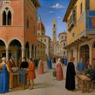 urban street with city activity — Egg Tempera Painting Style