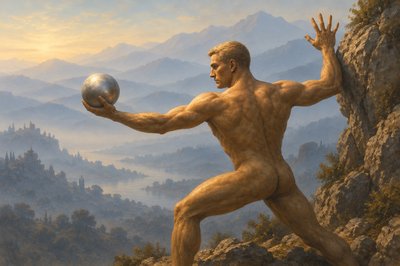 a painting of a man holding a silver ball