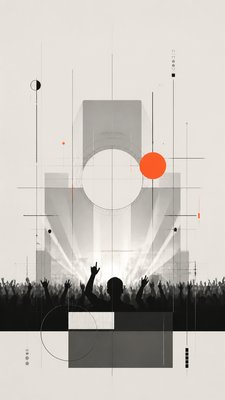 a live music scene with a glowing stage and silhouetted crowd, energetic vertical composition with open space at the top, no text