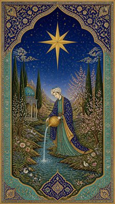 a robed figure pouring water beneath a large eight-pointed star in a night sky, symmetrical composition with an ornate decorative border, no text