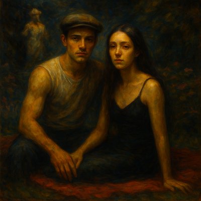 a painting of a man and woman sitting next to each other