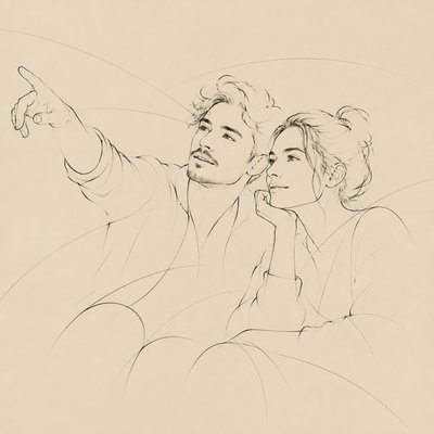 portrait of two people together — Implied Line Art Style