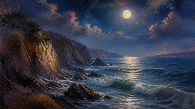 a moonlit coastline with cliffs and crashing surf, no people