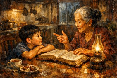 At his Grandmother's house in Penang, Wing Sun is seated at a table in the dining room, with the kitchen in view.  Grandmother is sitting at the table telling Wing Sun a story from the Bible.  The house is cozy, and it's raining outside.  There is an air of suspense, but Wing Sun feels safe and secure.