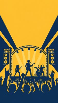 a live music scene with a glowing stage and silhouetted crowd, energetic vertical composition with open space at the top, no text