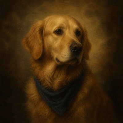 portrait of a golden retriever wearing a blue bandana, warm plain backdrop, no text