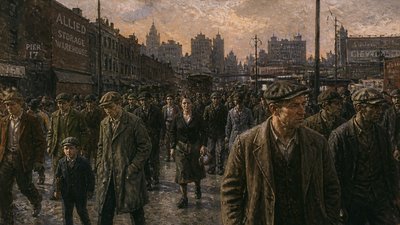 bustling city street panorama at dusk