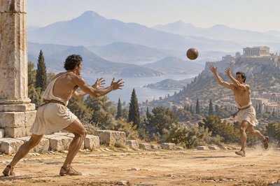two ancient greek athletes catching a ball  