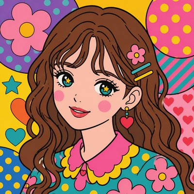 head-and-shoulders portrait of an original character: a young woman with wavy chestnut hair and a warm smile, plain soft backdrop