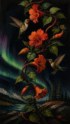 a climbing vine of flowers and hummingbirds on a dark background, tall wrapping composition, no text