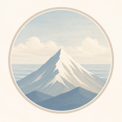 an emblem of a mountain peak inside a circle, simple bold shapes on a plain background, no text or lettering