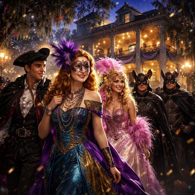 Exterior nighttime scene from Nancy Drew book #81 The Mardi Gras Mystery, the group in full festive costumes arriving at the grand, shadowy Seaton Mansion known as 'Bat Hollow' in New Orleans during Mardi Gras. Teenage detective Nancy Drew leads the way with reddish-blonde hair, wearing an elegant masquerade gown in blue and gold with purple accents, feathered half-mask, strands of colorful beads, and a mysterious smile. Beside her, Ned Nickerson in a dashing tuxedo or pirate-inspired costume with cape and tricorn hat. Bess Marvin (blonde, glamorous) in a sparkling pink feathered ball gown and elaborate headdress, George Fayne (short dark hair, sporty) in a fun jester outfit or adventurous explorer costume with mask. Brian Seaton and his father Bartholomew nearby in partial bat-themed costumes—dark capes, bat-wing collars, eerie masks with pointed ears. The historic Southern mansion looms behind: tall columns, wrought-iron balconies draped with Mardi Gras lights and purple/green/gold banners, flickering lanterns at the entrance, Spanish moss in ancient oaks, subtle bat motifs in the architecture, warm glowing windows hinting at antique interiors and the stolen portrait. Festive yet slightly eerie atmosphere—confetti in the air, distant parade sounds implied, dramatic twilight sky with stars, vibrant colors against gothic shadows. 1980s Nancy Drew book illustration style, adventurous and exciting, detailed costumes and group dynamic, cinematic wide-angle composition, lively holiday energy mixed with subtle suspense."

