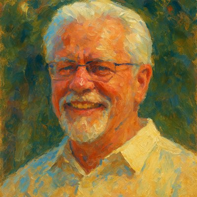 a painting of a man with glasses smiling