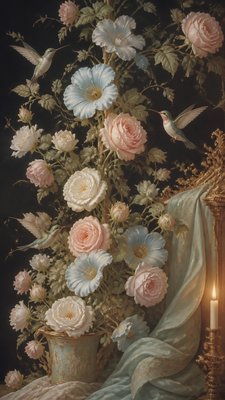 a climbing vine of flowers and hummingbirds on a dark background, tall wrapping composition, no text