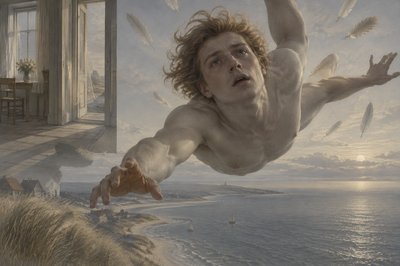 close-up of Icarus after losing wings and clothes as he falls into the sea