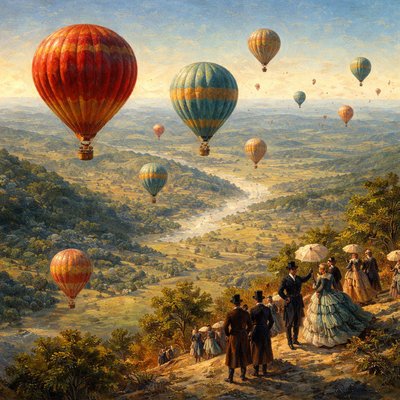 in the style of John Atkinson Grimshaw,
bird’s‑eye view, camera looking downward from a moderate height over hot air balloons rising steadily and moving with the wind through clear blue skies,
subtle curvature of the landscape visible below,
rich jewel‑tone reds, teals, and golds catching warm natural sunlight, realistic wind‑driven motion, natural directional flow, a hillside overlook below with small groups of people watching the balloons, holding umbrellas for shade, wearing Victorian‑style clothing,
long tailored coats, layered skirts, high collars,
grounded composition, realistic atmospheric depth, cinematic painterly