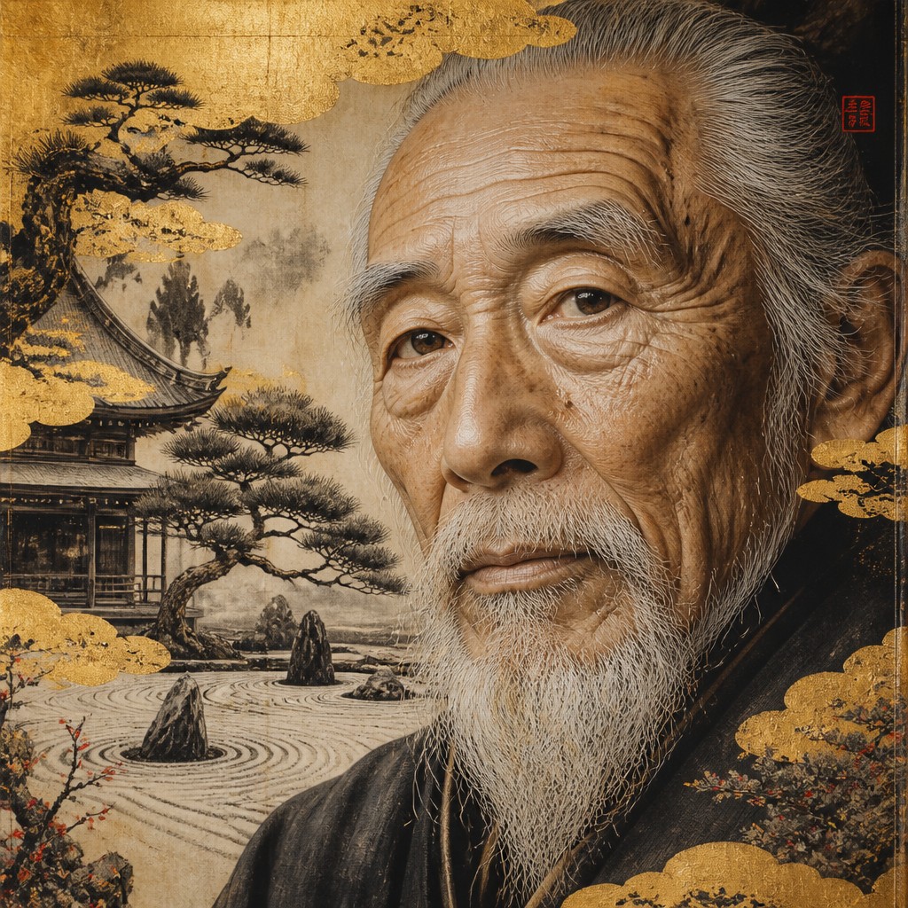 close-up portrait of an elderly person with expressive weathered features — Kyoto Zen Art Style