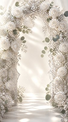 an arch of white roses and eucalyptus in soft morning light, elegant vertical composition with open space, no text