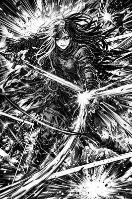 a black and white drawing of a woman holding a sword