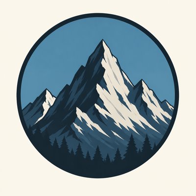 an emblem of a mountain peak inside a circle, simple bold shapes on a plain background, no text or lettering