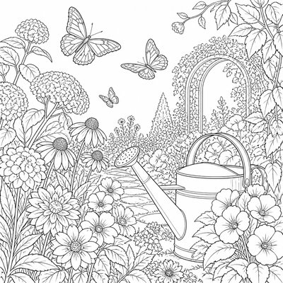 a garden scene with butterflies, flowers and a watering can, clean uncolored line art, no text