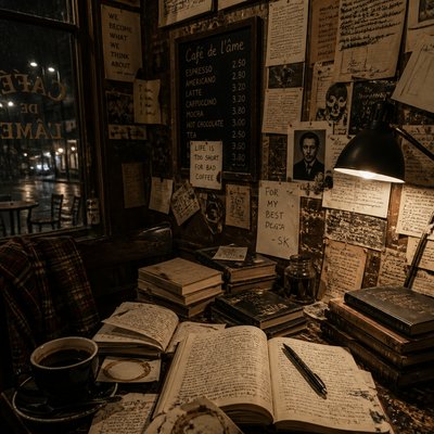 cozy cafe interior with warm lighting
