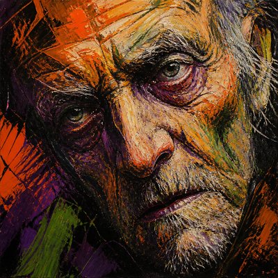 close-up portrait of an elderly person with expressive weathered features