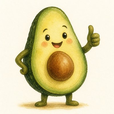 a happy avocado character giving a thumbs up, bold readable design on a plain background, no text