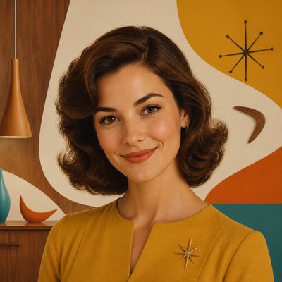 head-and-shoulders portrait of an original character: a young woman with wavy chestnut hair and a warm smile, plain soft backdrop