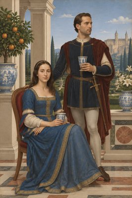 a painting of a man and a woman sitting next to each other