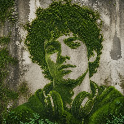 head-and-shoulders portrait of an original character: a young man with curly dark hair and headphones around his neck, plain backdrop, no text