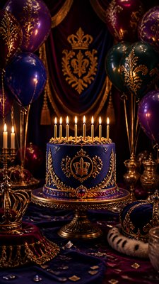 a birthday cake with lit candles surrounded by balloons and confetti, festive vertical composition, no text